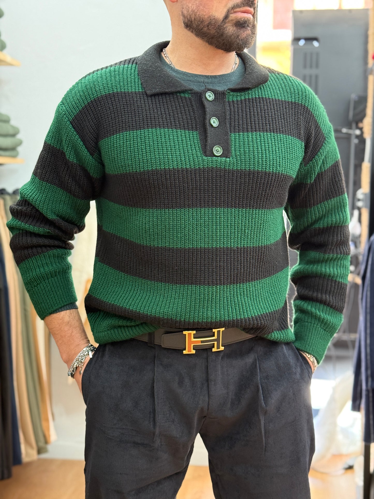 Pullover polo black green